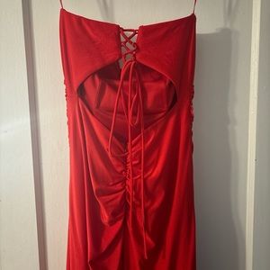 Red backless strapless prom dress
